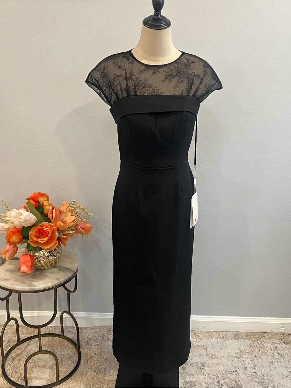 Mac Duggal Black Sheer Lace Illusion Crepe Cap Sleeve Midi Cocktail Dress - Picture 6 of 17